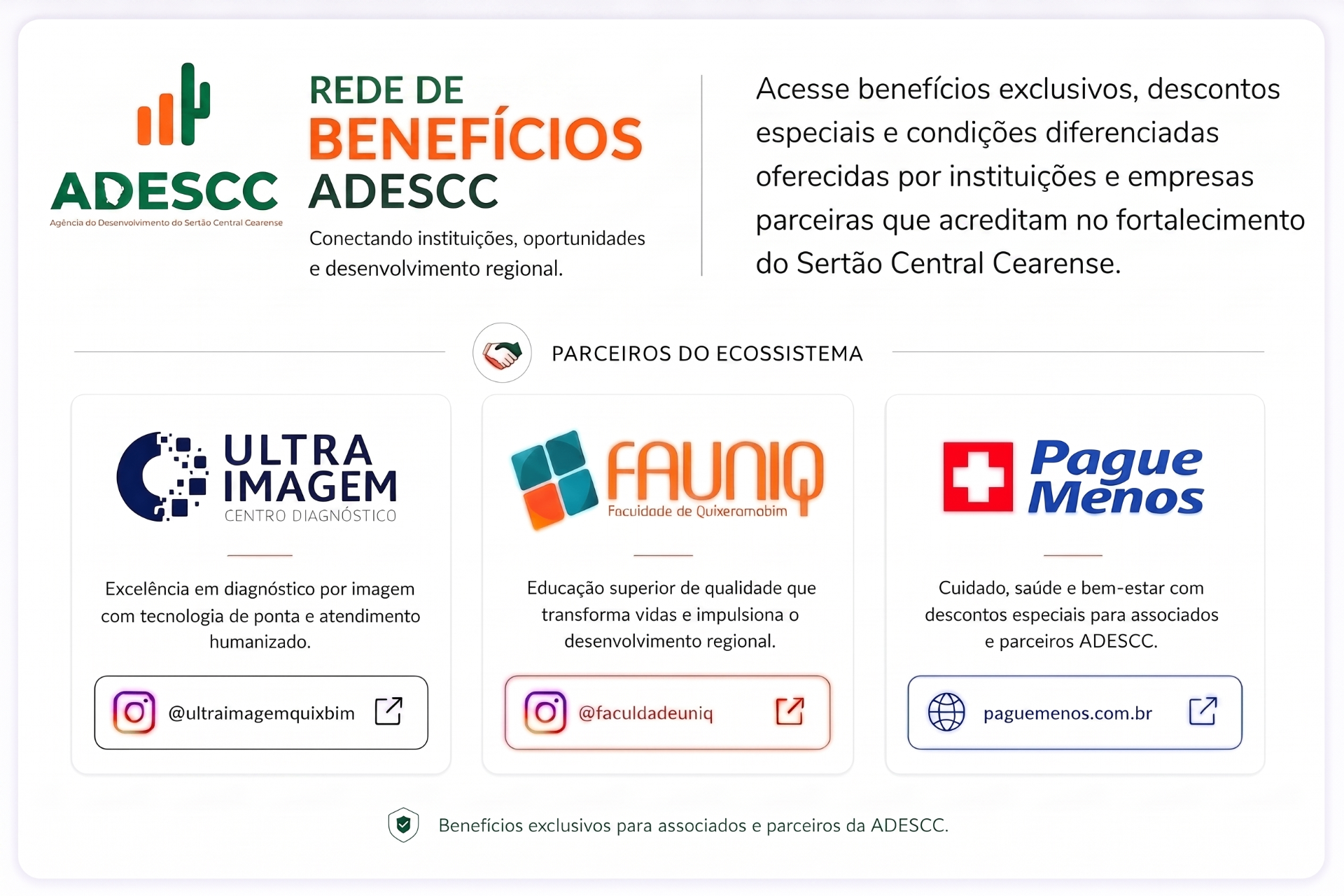 Ecossistema de Benefícios ADESCC — parceiros: Ultraimagem, FAUNIQ e Pague Menos